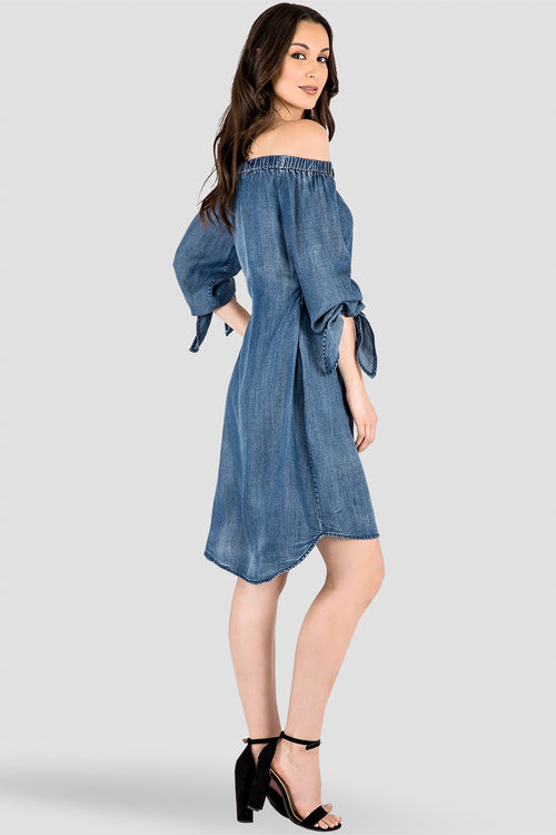 Women's Off-The-Shoulder High Low Hem Denim Peasant Dress