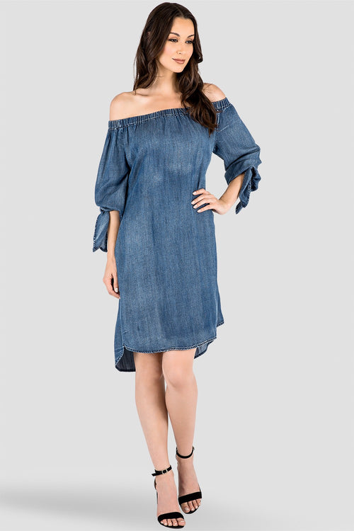 Standards & Practices High Low Hem Denim Off-The-Shoulder Peasant Dress