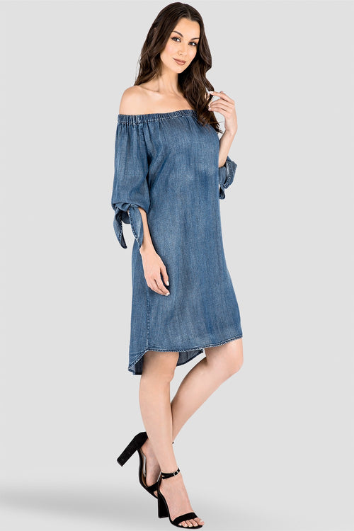 Off-The-Shoulder High Low Hem Denim Peasant Dress