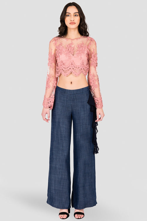 Standards & Practices Women's Side Zip and Flounce Indigo Tencel Palazzo Pants