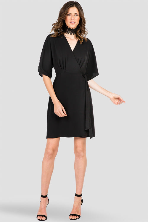 Women's Black Kimono Wrap Midi Dress