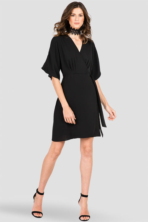 Women's Black Chiffon Wrap Midi Dress