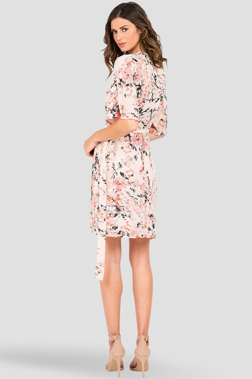 Peach & Pink Floral Print Knee-Length Wrap Dress