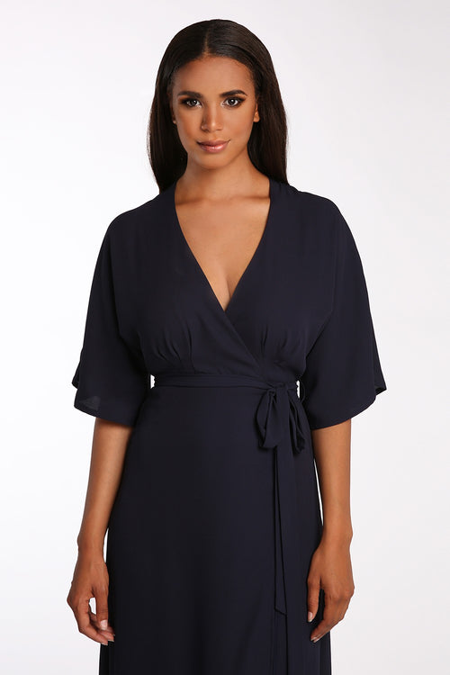 Women's Olivia Dark Blue Wrap Dress w/ Kimono Sleeve & Cinched Waist