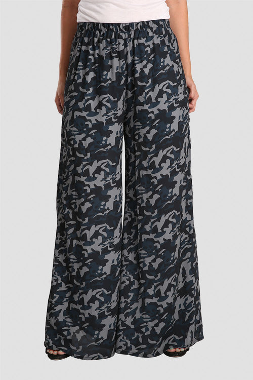 Woven Chiffon Camo Print Palazzo Pant W Elastic Waist
