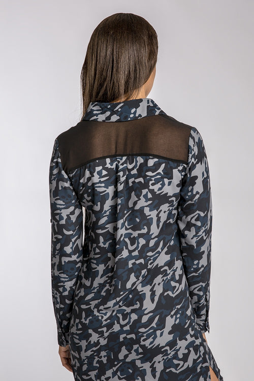 Chiffon Camo Print Mesh Insets Shirt Dress