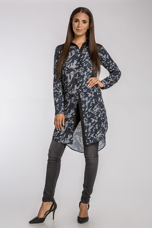 Woven Chiffon Camo Print Button Up Shirt Dress