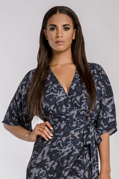 Women's Olivia Wrap Dress Blue Camo w/ Kimono Sleeve & Cinched Waist
