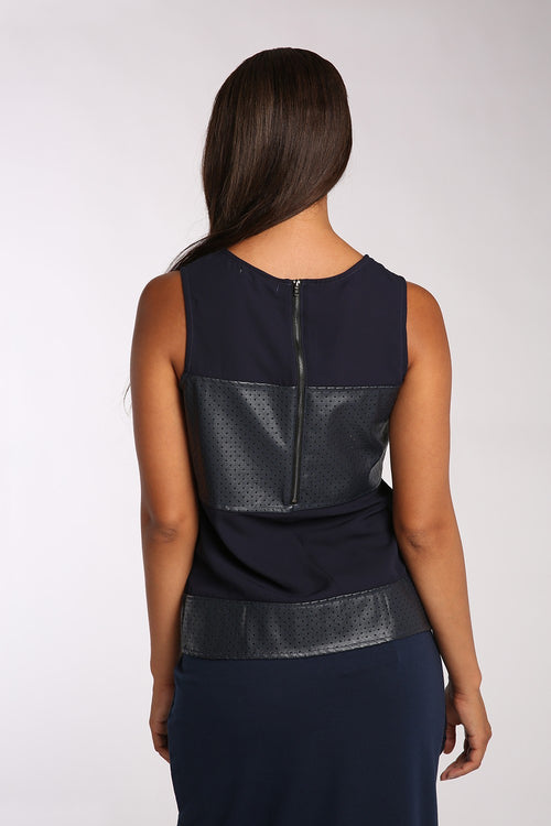 Women's Blue Tunic Top with Vegan Leather & Keyhole