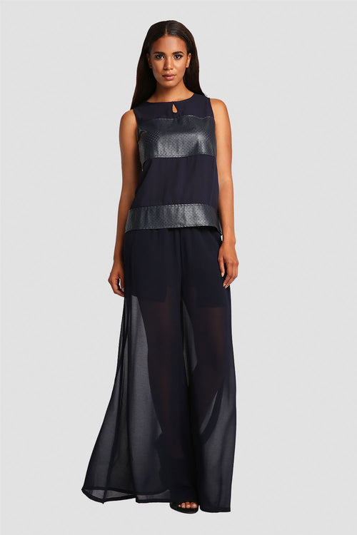 Women's Navy Tunic Top w/ Vegan Leather & Keyhole