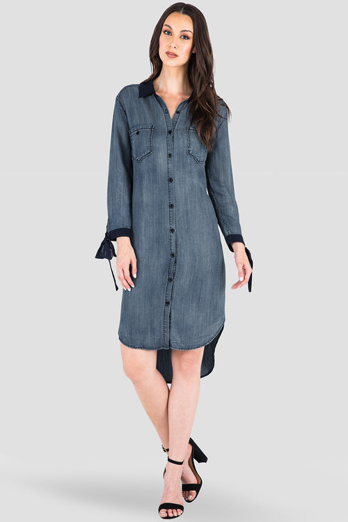 Women's Navy Chiffon Collar Denim Tencel Dress 