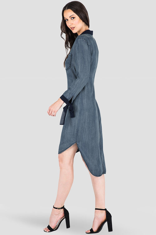 Women's Navy Chiffon Collar Denim Shirtdress 