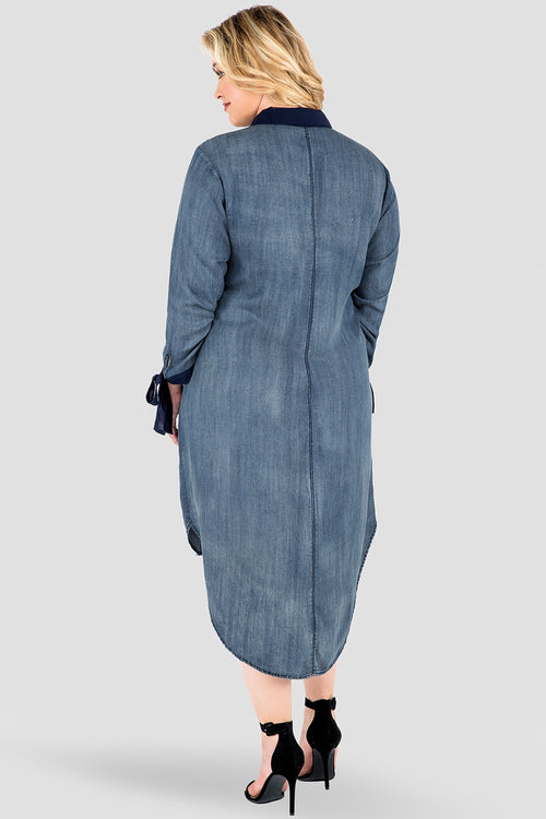 Plus Size Women's Navy Chiffon Collar Denim Shirtdress 
