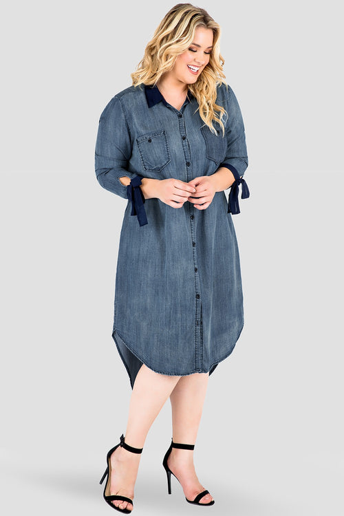 Plus Size Women's Navy Chiffon Collar Denim Dress 