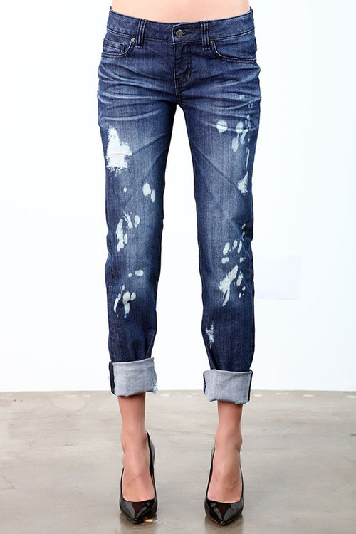 Women Bleach Destroyed Rolled Jeans