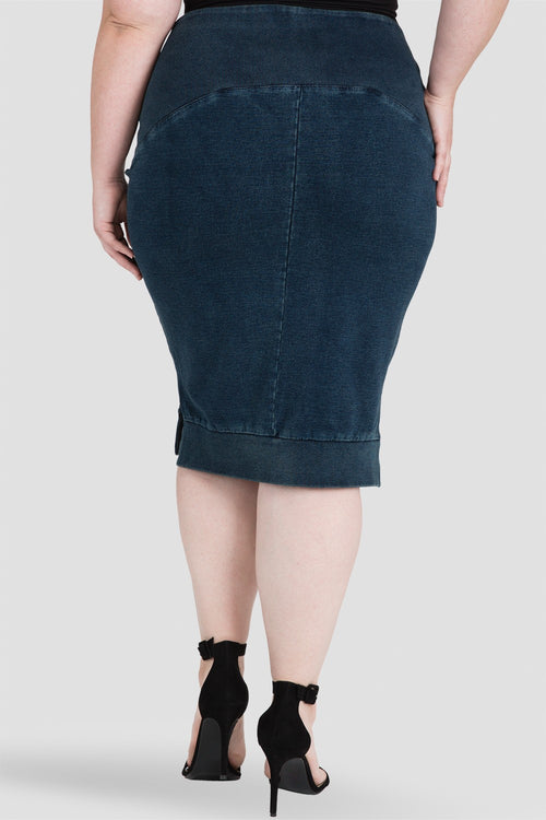 Kelly Side Slit Indigo French Terry Pencil Skirt Plus Size Back