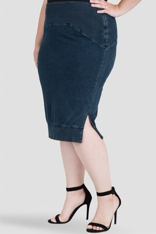 Kelly Side Slit Indigo French Terry Pencil Skirt Plus Size SIde