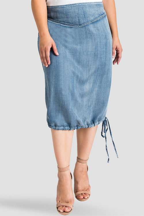Plus Size Women Light Wash Denim Skirt w/ Drawstring Hemline 