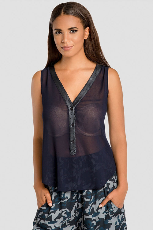 Blue Henley Shirt Sleeveless w/ Vegan Leather 