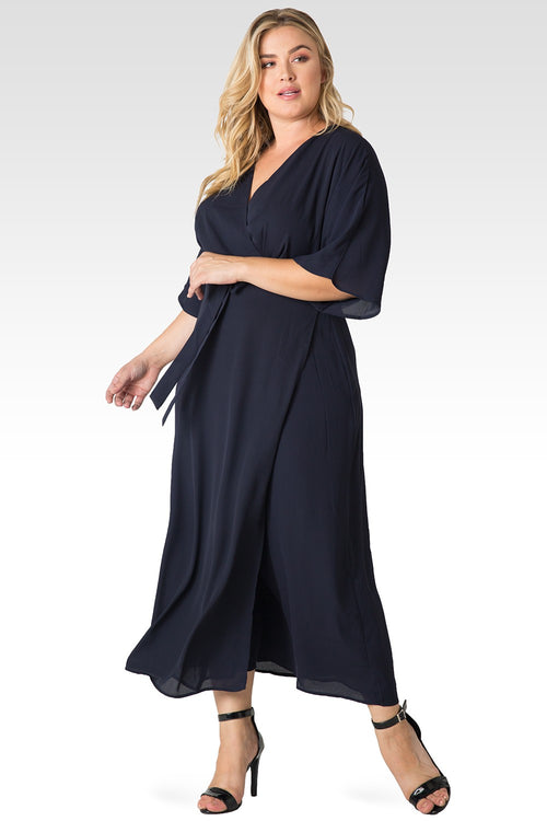 Plus Size Women's Olivia Wrap Dress (Midnight Blue) w/ Kimono Sleeve & Cinched Waist