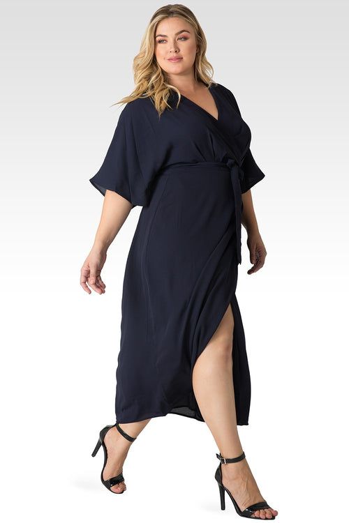 Plus Size Women's Olivia Wrap Dress (Midnight Blue) w/ Kimono Sleeve & Cinched Waist