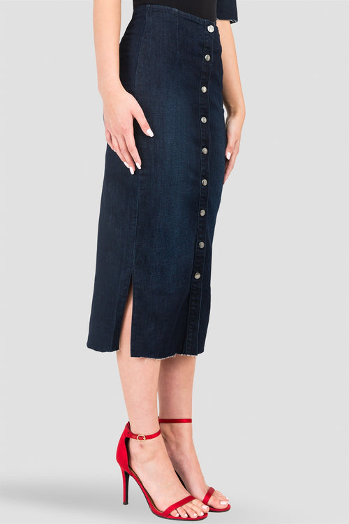 Standards & Practices Indigo Denim Snap Button Up Midi Pencil Skirt - Frayed Hem 