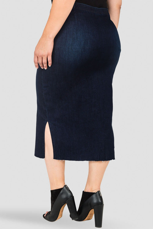 Plus Size Standards & Practices Women's Indigo Denim Snap Button Up Midi Pencil Skirt - Frayed Hem
