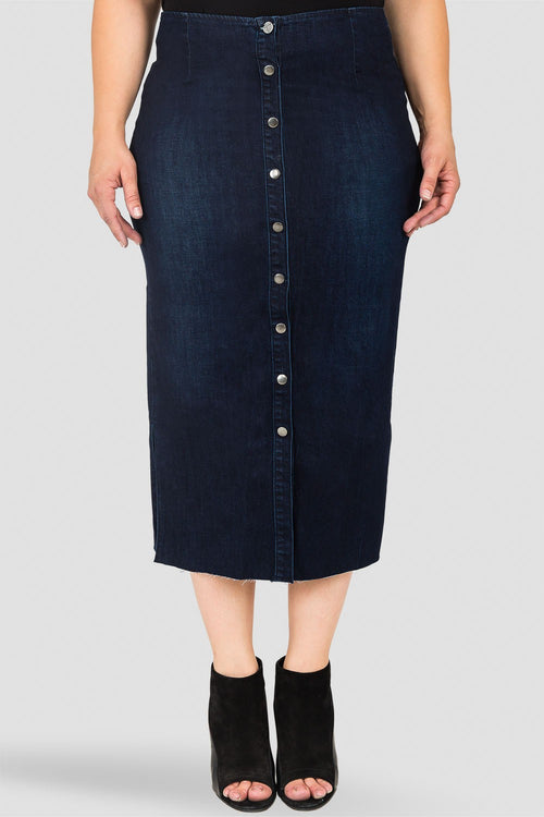 Plus Size Standards & Practices Women's Curvy Fit Indigo Denim Snap Button Up Midi Pencil Skirt - Frayed Hem