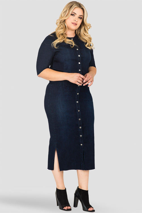 Plus Size Elain Indigo Denim Snap Button Up Midi Pencil Skirt - Frayed Hem