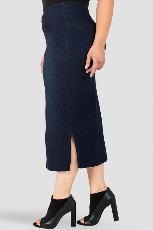 Plus Size Standards & Practices Indigo Denim Snap Button Up Midi Pencil Skirt - Frayed Hem
