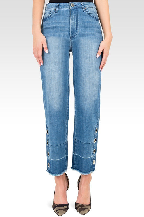 Standards & Practices Women's High-Rise Light Wash Cropped Mom Jeans -Silver Grommets & Wide Released Hem