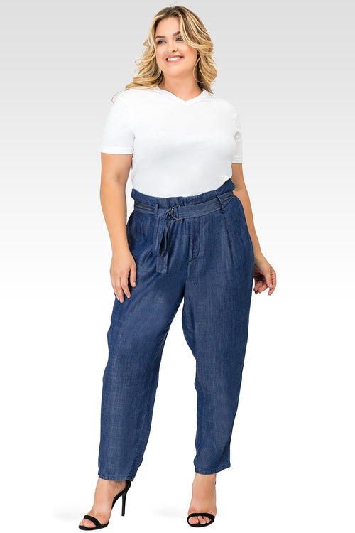 Plus Size Marina Paper Bag Waist Medium Blue Tencel Denim Peg Leg Pants D-Ring Belt