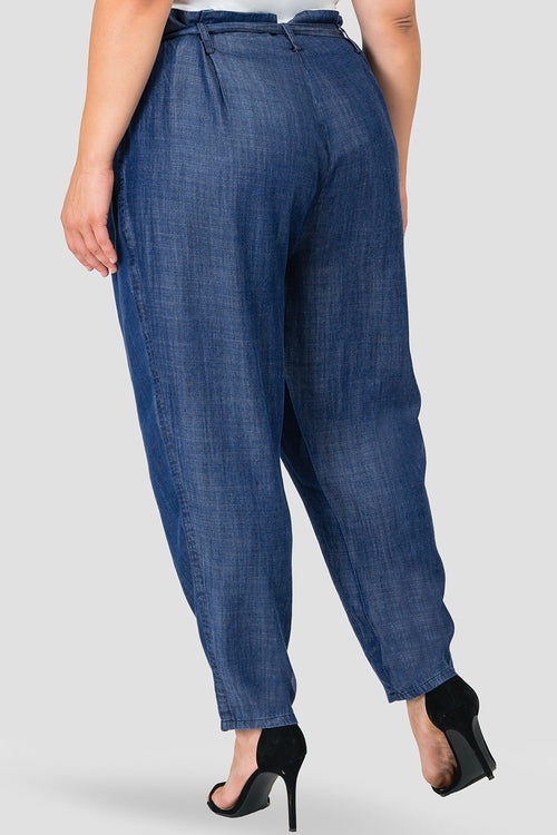 Plus Size Marina Paper Bag Waist Medium Blue Tencel Denim Peg Leg Pants D-Ring Belt