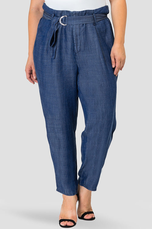 Plus Size Marina Paper Bag Waist Medium Blue Tencel Denim Peg Leg Pants D-Ring Belt