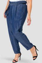 Plus Size Marina Paper Bag Waist Medium Blue Tencel Denim Peg Leg Pants D-Ring Belt