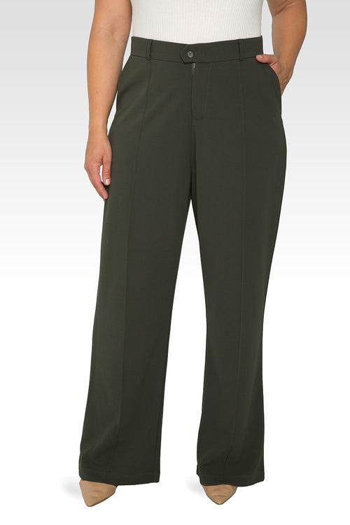 Standards & Practices Plus Size Women's Olive Pintuck Stretch Crepe Wide Leg Trouser-1