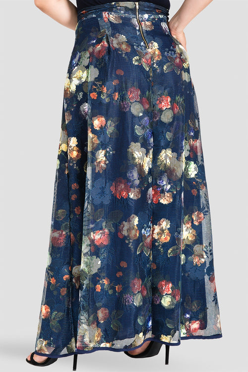 Plus Size Iris Pleated Floral Mesh Full-Length Maxi Skirt