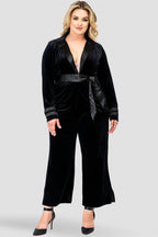 Plus Size Libby Black Stretch Velvet Cropped Side Split Wide Leg Pants 