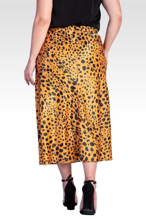Izar Women's Plus Size Silky Sateen Leopard Print Midi Skirt