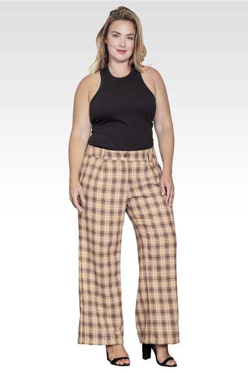 Plus Size Wide Leg Plaid Pants-Brown Plaid