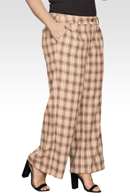 Plus Size Wide Leg Plaid Pants-Brown Plaid
