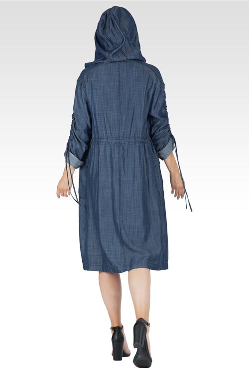 Pippa Indigo Denim Tencel Hooded Long Anorak Jacket