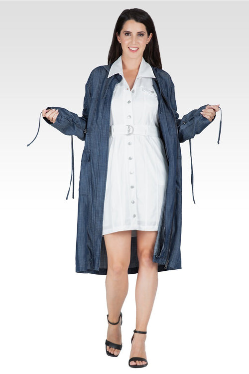 Pippa Indigo Denim Tencel Hooded Long Anorak Jacket
