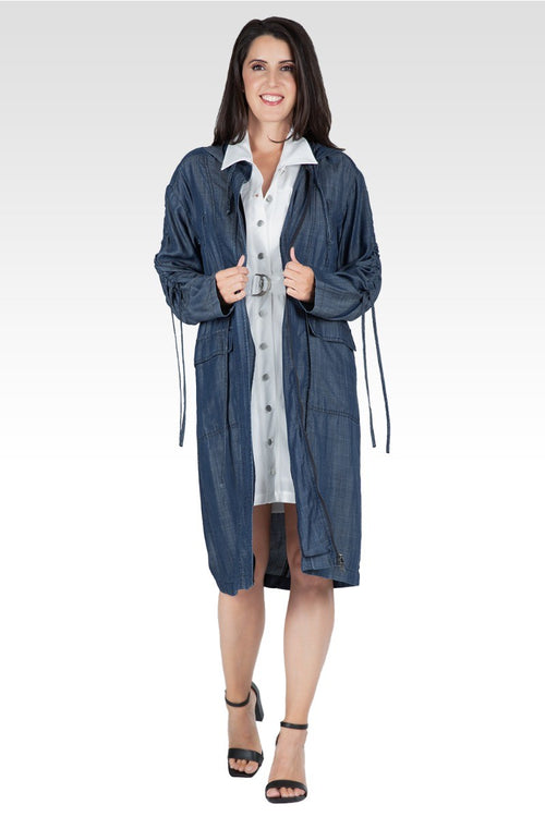 Standards & Practices Women's Indigo Denim Tencel Hooded Long Anorak Jacket-1