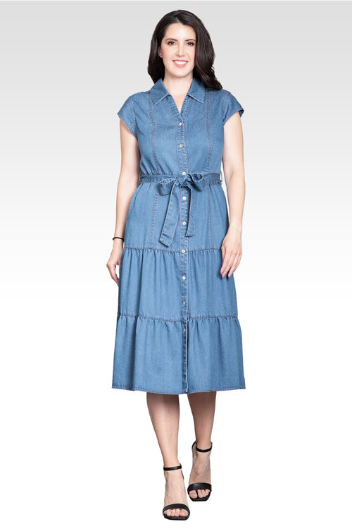 Marisol Women's A-Line Tiered Denim Midi Dress L Marisol Women's A-Line Tiered Denim Midi Dress L