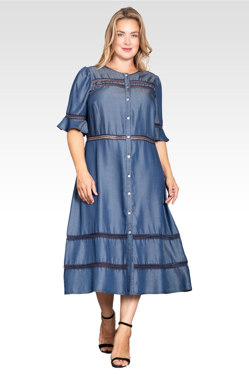 Elara Women's Plus Size Lace Detailing Trim Tencel Denim Dress 22