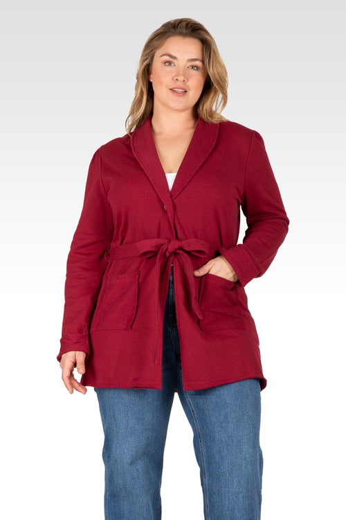 Ivy Women's Plus Size Reverse Trim Shawl Collared Self Tie French Terry Cardigan