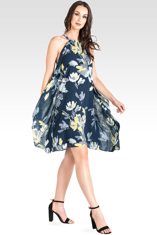 Women's Navy Floral Print Choker Dress