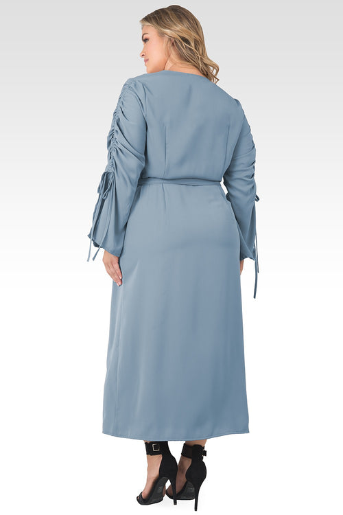 Plus Size Violeta Solid Slate Ruched Sleeves Wrap Maxi Dress