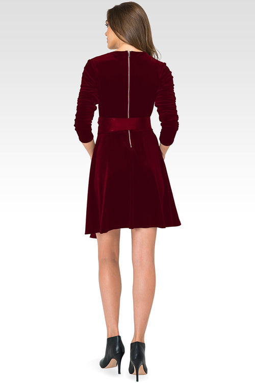 Millie Deep Red Stretch Velvet V-Neck Aline Dress With Satin Belt